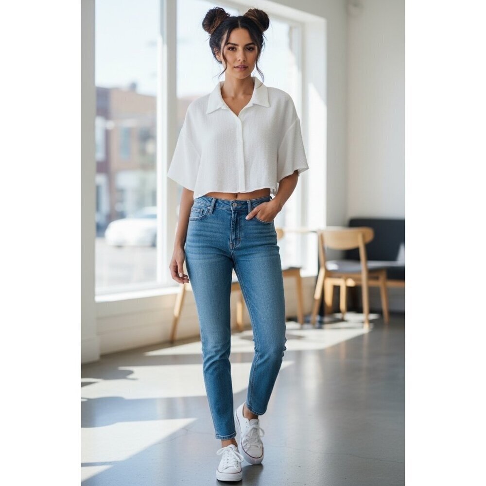 Women's White Buttoned Crop Top